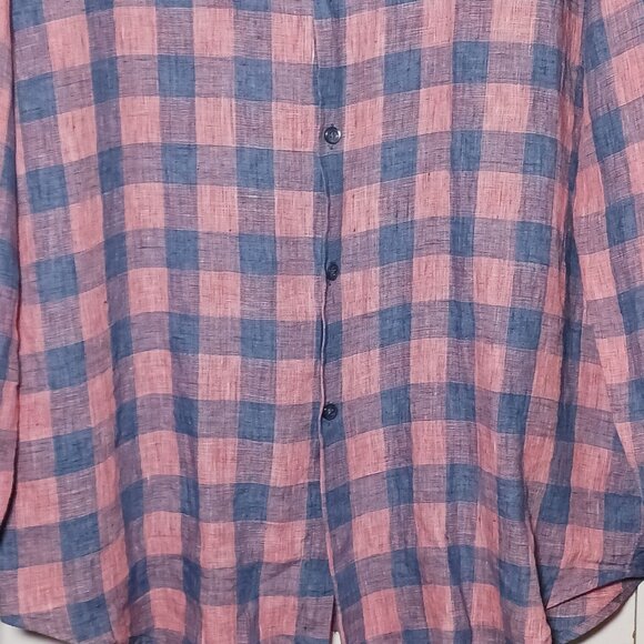 Robert Barakett Mens Longsleeve Plaid Linen‎ Button-Up Shirt Blue/Salmon L - Picture 3 of 13